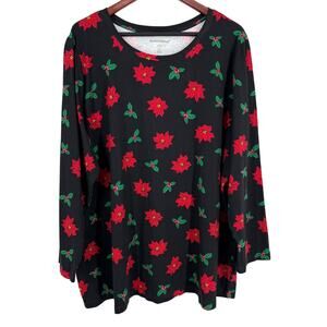 Woman Within Plus Size 3X 30/32 Black Red Christmas Poinsettia Blouse Shirt Top